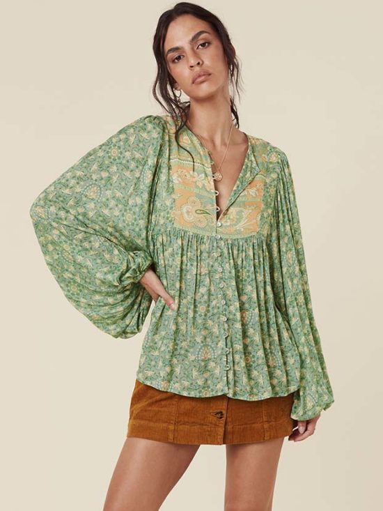Spell Madama Peacock Boho Blouse in Emerald