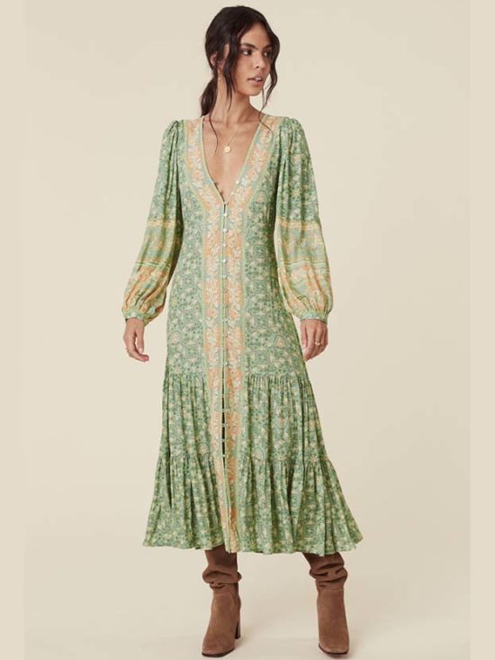 Spell Madame Peacock Button Through Gown in Emerald