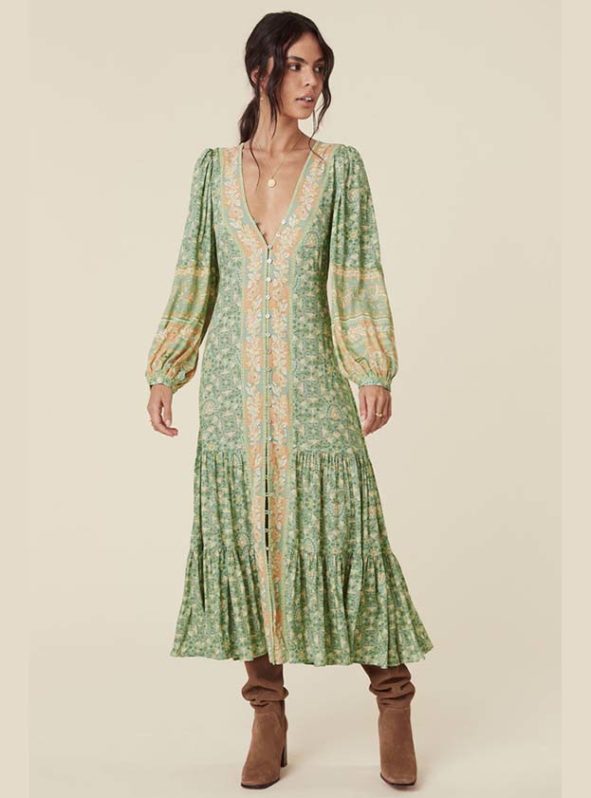 Spell Madame Peacock Button Through Gown in Emerald